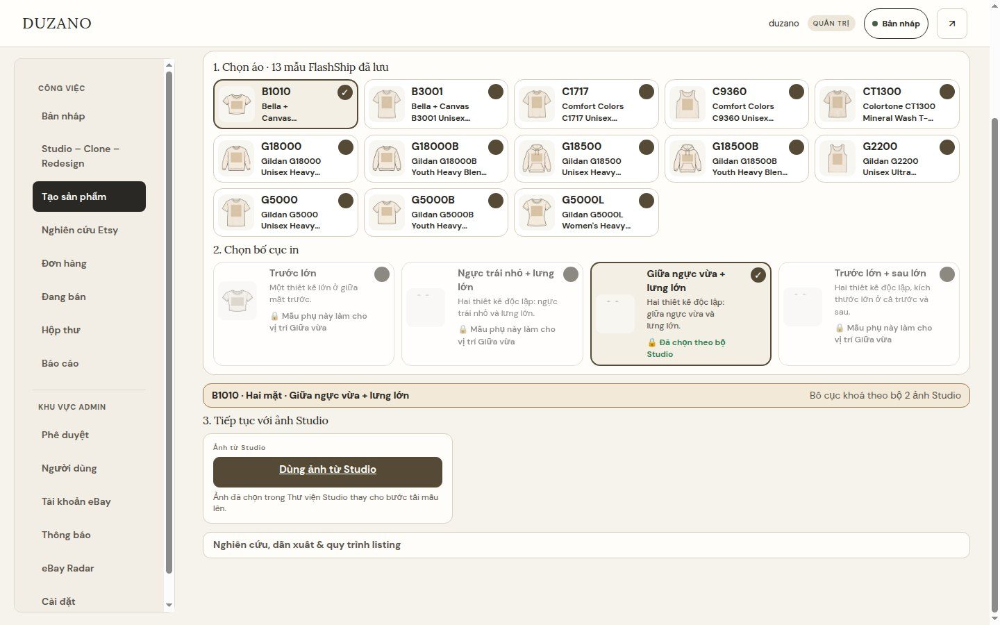 Product builder with garment and print layout selection