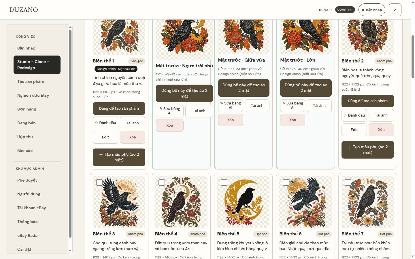 Design Studio showing AI-generated original design variants